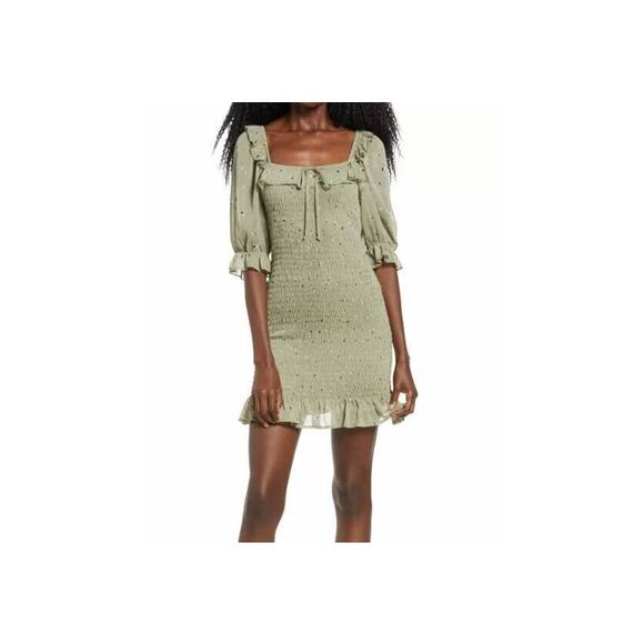 Row A Square Neck Mini Dress Size Medium Sage Green NEW Smocked Ruffled Sheath - Picture 1 of 7